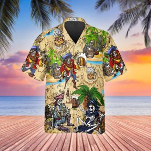 Beach Party Pirates Captain Skeleton Beer Skull Hawaiian Shirt, Hawaiian Button Up Shirt, Tropical Shirts For Men