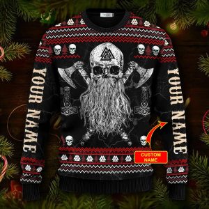 Beard Skull Sons Of Odin Valhalla Custom Name Viking Ugly Christmas Sweater