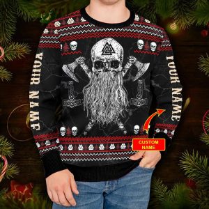 Beard Skull Sons Of Odin Valhalla Custom Name Viking Ugly Christmas Sweater