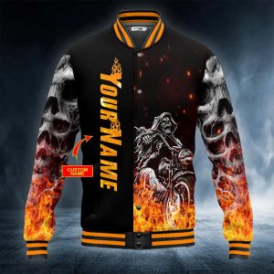 Biker Ghost Rider On Fire Skull Custom Baseball Jacket