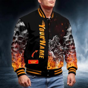Biker Ghost Rider On Fire Skull Custom Baseball Jacket