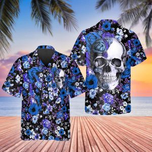 Blue Happy Summer Flowers Grinning Skull Hawaiian Shirt