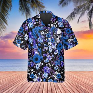 Blue Happy Summer Flowers Grinning Skull Hawaiian Shirt