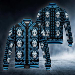 Blue Mandala Pattern Sugar Skull Baseball Jacket