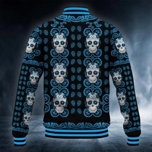 Blue Mandala Pattern Sugar Skull Baseball Jacket Back