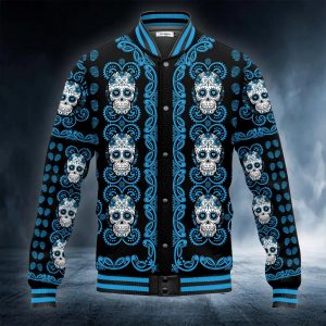 Blue Mandala Pattern Sugar Skull Baseball Jacket Front