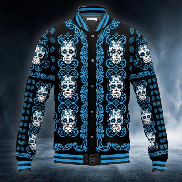 Blue Mandala Pattern Sugar Skull Baseball Jacket