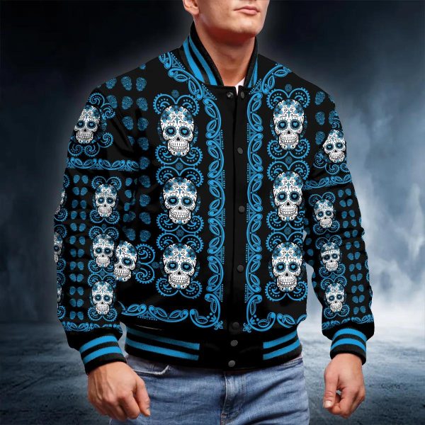 Blue Mandala Pattern Sugar Skull Baseball Jacket