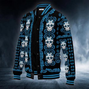 Blue Mandala Pattern Sugar Skull Baseball Jacket Right