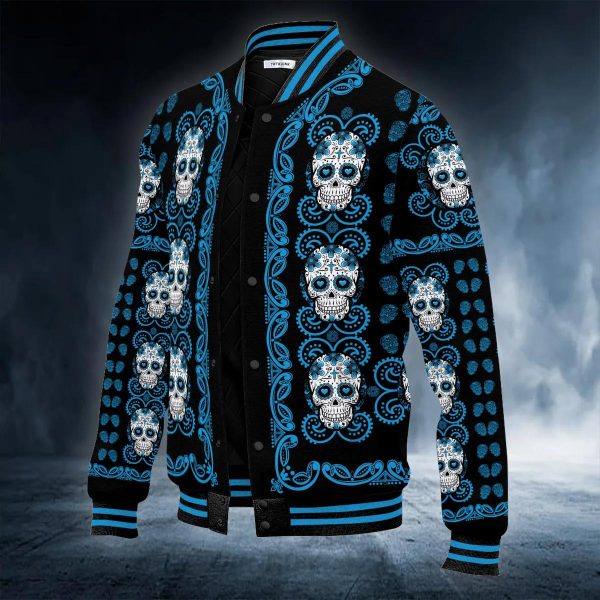 Blue Mandala Pattern Sugar Skull Baseball Jacket