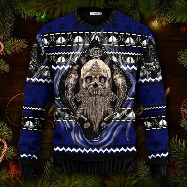 Cool Beard Skull Inside Me Viking Ugly Christmas Sweater