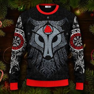 Cool Wolf Vegvisir Pattern Viking Ugly Christmas Sweater