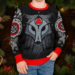 Cool Wolf Vegvisir Pattern Viking Ugly Christmas Sweater