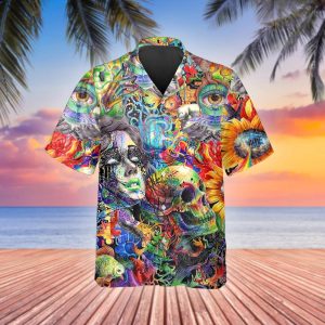 Generic Crazy Trippy Psychedelic Fantasy Colorful Skull Hawaiian Shirt, Hawaiian Button Up Shirt, Tropical Shirts For Men