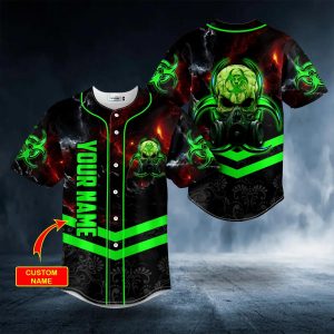 Green Biohazard Skull Custom Baseball Jersey