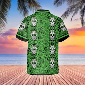 Green Pattern Color Skull Hawaiian Shirt, Hawaiian Button Up Shirt, Tropical Shirts For Men