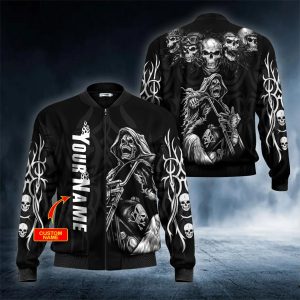 Grim Reaper Riding Motorcycle Custom Black Bomber Jacket