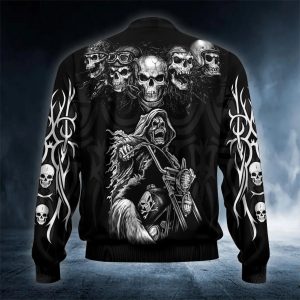 Grim Reaper Riding Motorcycle Custom Black Bomber Jacket Back