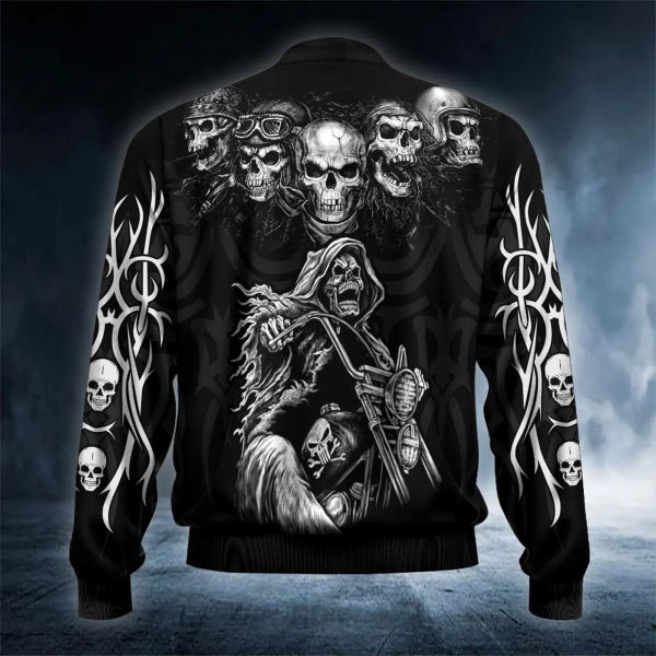 Grim Reaper Riding Motorcycle Custom Black Bomber Jacket