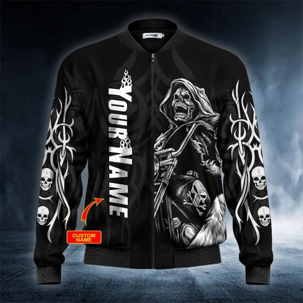 Grim Reaper Riding Motorcycle Custom Black Bomber Jacket