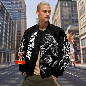 Grim Reaper Riding Motorcycle Custom Black Bomber Jacket