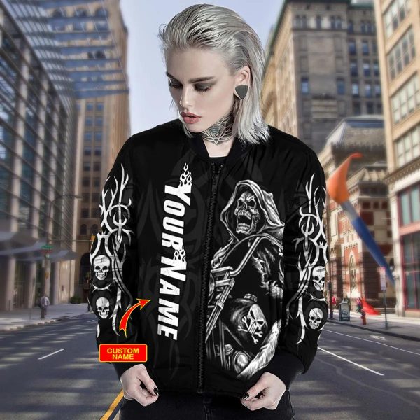 Grim Reaper Riding Motorcycle Custom Black Bomber Jacket