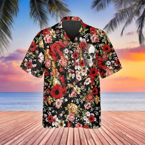 Happy Summer Flowers Grinning Skull Hawaiian Shirt, Hawaiian Button Up Shirt, Tropical Shirts For Men