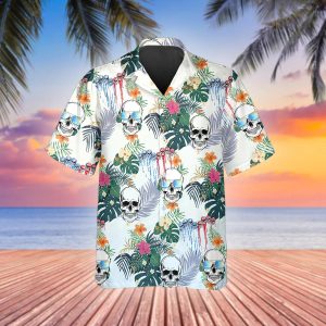 Happy Summer Grinning Skull Hawaiian Shirt, Hawaiian Button Up Shirt, Tropical Shirts For Men