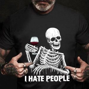 I Hate People Drink Wine Skull Shirt Mens