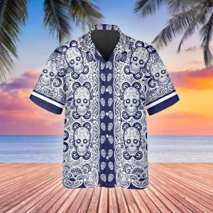 Navy Pattern Color Skull Hawaiian Shirt, Hawaiian Button Up Shirt, Tropical Shirts For Men