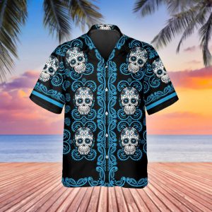 Pattern Blue Color Skull Hawaiian Shirt, Hawaiian Button Up Shirt, Tropical Shirts For Men