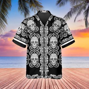 Pattern Color Black Skull Hawaiian Shirt, Hawaiian Button Up Shirt, Tropical Shirts For Men