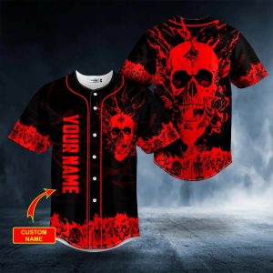 Red Stream Flame Skull Custom Baseball Jersey