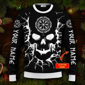 Skull Vegvisir Back And White Viking Custom Ugly Christmas Sweater