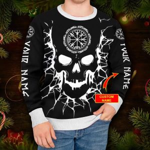 Skull Vegvisir Back And White Viking Custom Ugly Christmas Sweater