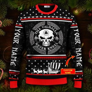 Till Valhalla Never Kneel Custom Name Viking Ugly Christmas Sweater