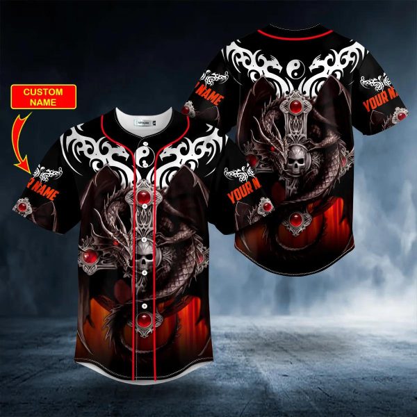 Tribal Tattoos Winged Dragon On The Cross Skull Custom Baseball Jersey