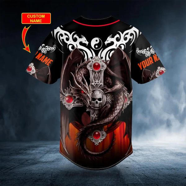 Tribal Tattoos Winged Dragon On The Cross Skull Custom Baseball Jersey