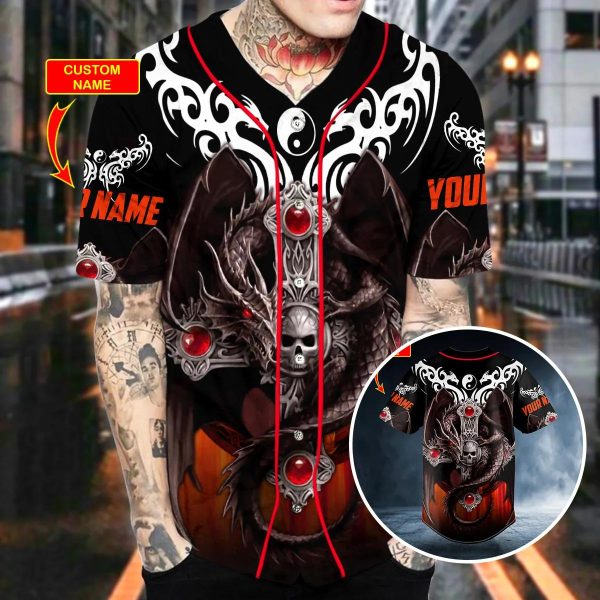 Tribal Tattoos Winged Dragon On The Cross Skull Custom Baseball Jersey