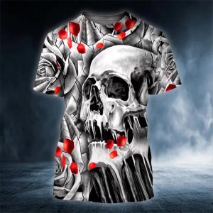 Black And White Roses Skull T Shirt