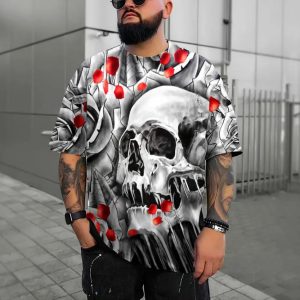 Black And White Roses Skull T Shirt