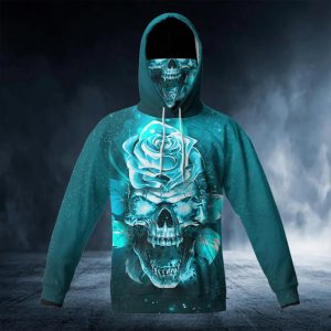 Blue Rose Fantasy Skull 3D Bandana Hoodie