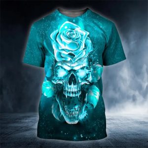 Blue Rose Fantasy Skull 3D T Shirt