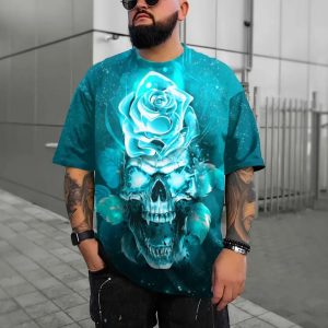 Blue Rose Fantasy Skull 3D T Shirt