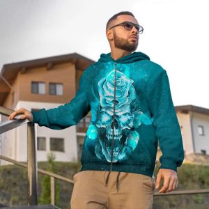 Blue Rose Fantasy Skull 3D Zip Hoodie