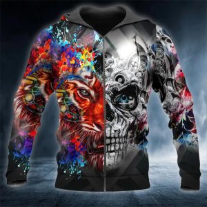 Colorful Tiger Skull 3D Zip Hoodie