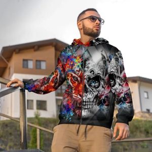 Colorful Tiger Skull 3D Zip Hoodie