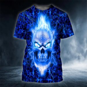 Dark Blue Flame Skull 3D T Shirt, Skull T Shirts Mens