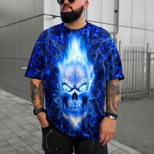 Dark Blue Flame Skull 3D T Shirt, Skull T Shirts Mens