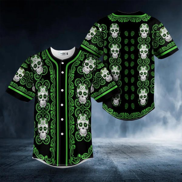 Doodle Floral Pattern Of Green Sugar Skull Baseball Jersey